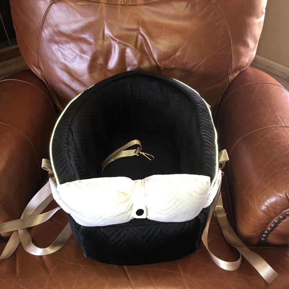Small Dog Car Seat Booster Carrier Plush Black Velour Bow Tether Straps Non-Slip